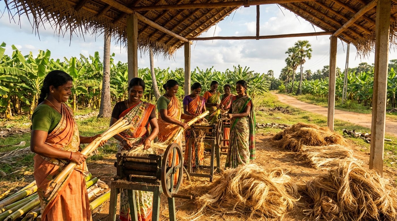 Women processing banana fiber in Batticaloa, Sri Lanka