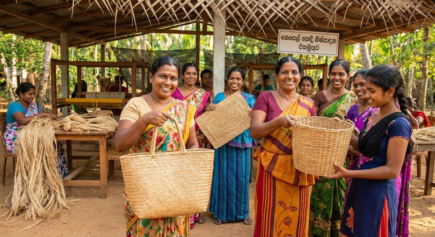 Empowered women from Easliv showing banana fiber products