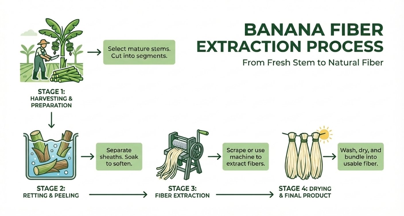 Banana fiber extraction process from stem to finished product