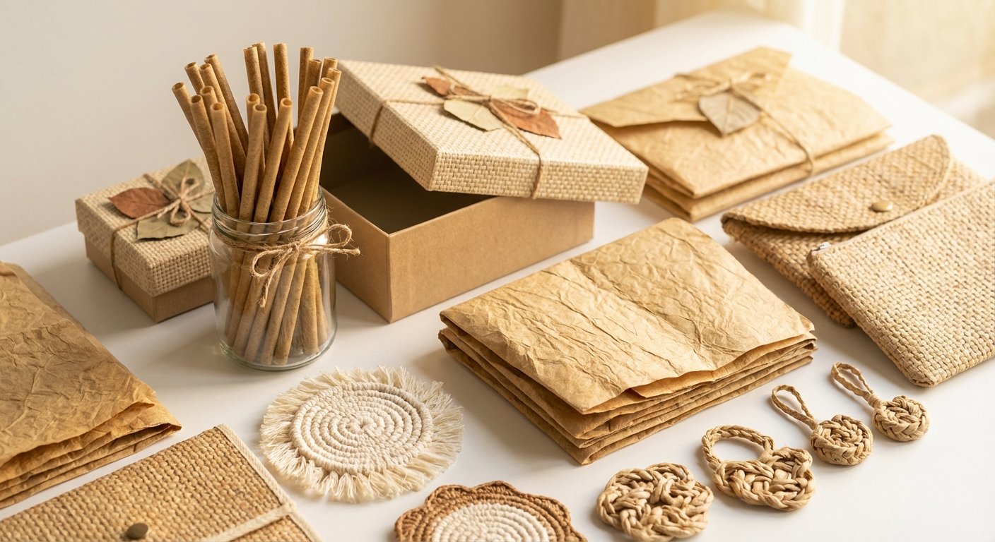 Range of banana fiber products including straws, packaging, and crafts